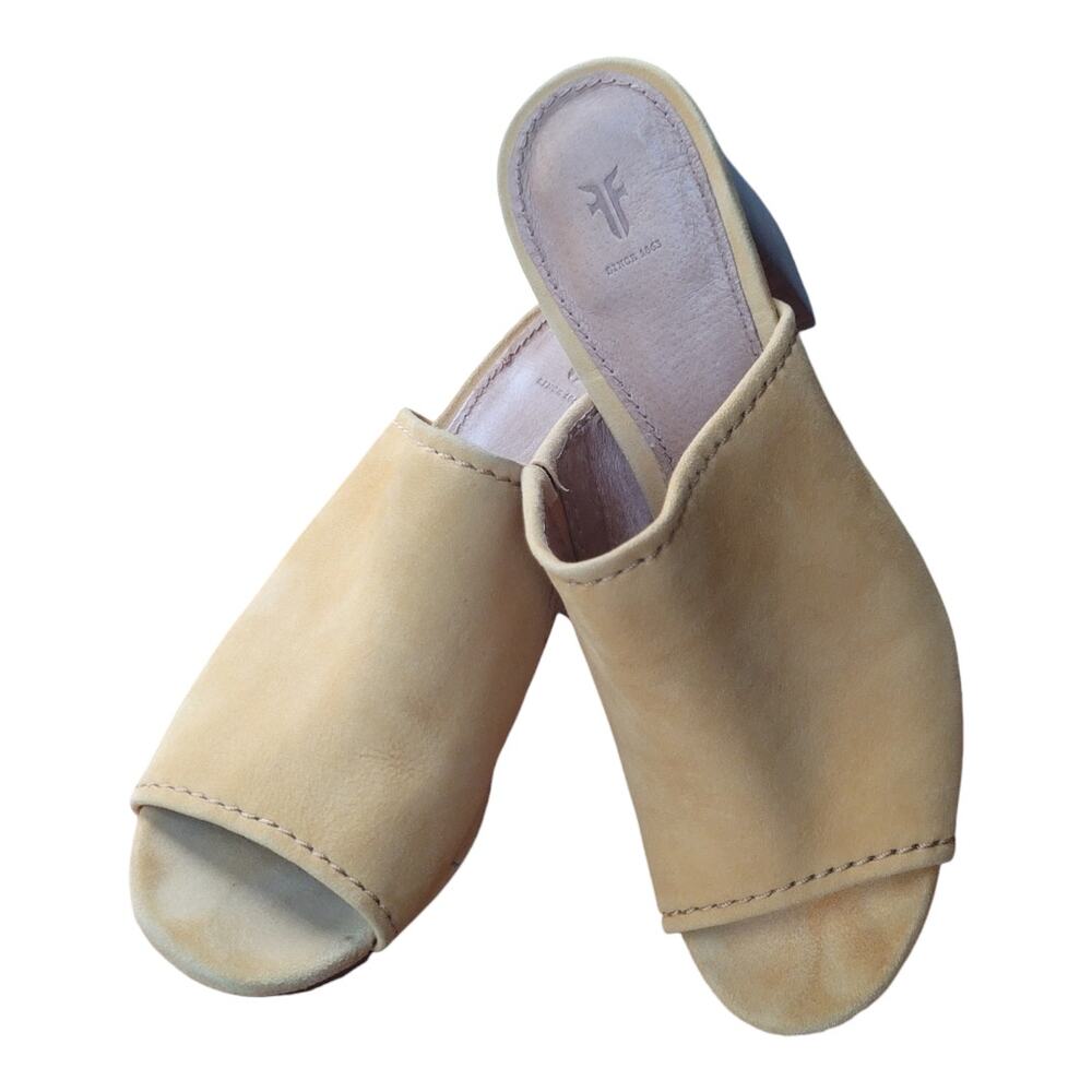 Frye‎ Blake High Block Heel Mules Yellow Suede Slip On Leather Footbed - Picture 5 of 6